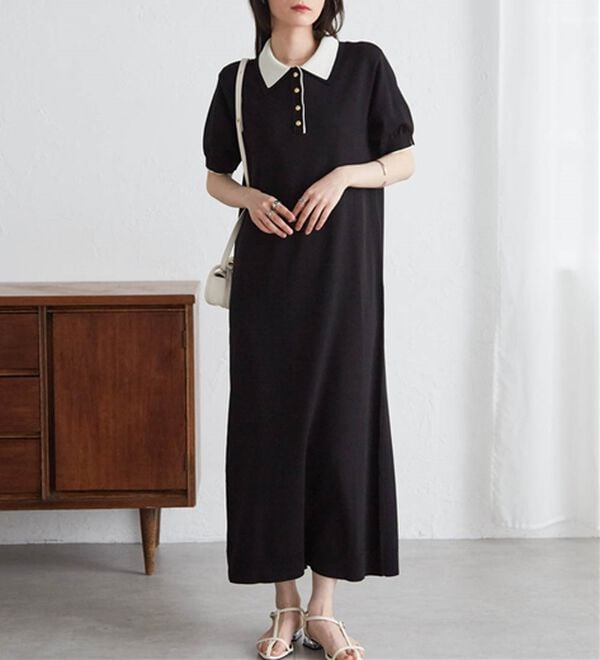 RANAN（ラナン）の「ダブルカラーポロニットワンピース（その他ワンピース）」｜ブラック系