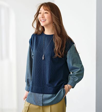 BELLUNA（ベルーナ）の「重ね着風ケーブル&times;デニム切替チュニック（チュニック）」