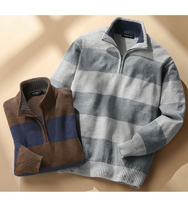 「日本製綿１００％大人の上品ボーダーハーフジップ（メンズニット・セーター）」｜詳細画像