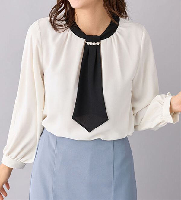ホワイトメロー配色ボウタイブラウス SWINGLE ブラウス シャツ ホワイトメロー配色ボウタイブラウス