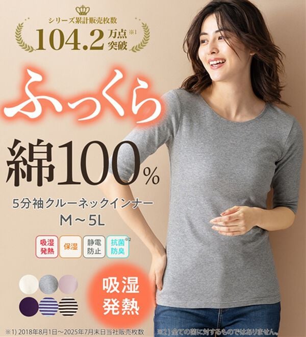 LAVIENNE（ラヴィエンヌ）の「【敏感肌さんに】綿１００％吸湿発熱あったかインナー　クルーネック５分袖（肌着・インナーウェア）」｜詳細画像