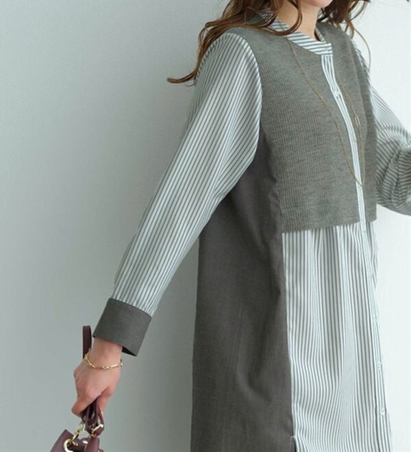 BELLUNA（ベルーナ）の「ストライプ&times;異素材切替シャツチュニック（チュニック）」｜詳細画像