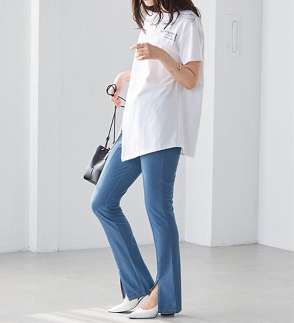 RANAN（ラナン）の「ひんやり！デニム調スリットパンツ（フルレングスパンツ）」｜詳細画像