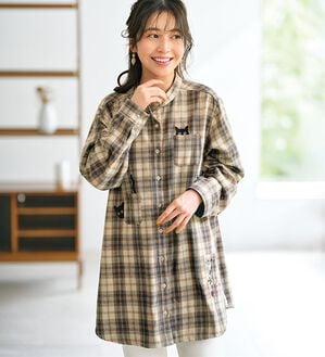 裏フリース素材ネコ刺しゅうシャツチュニック - ベルーナ【公式】