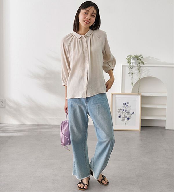 BELLUNA（ベルーナ）の「《ＨｕｇＲｅａｍコットン》ダブルガーゼギャザーブラウス（ブラウス）」｜詳細画像