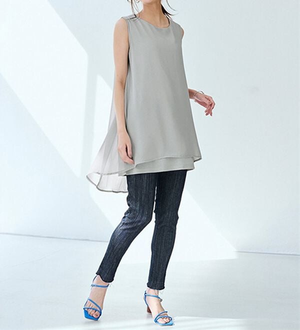 ひんやり！ノースリーブ異素材使いフレアーチュニック - ベルーナ【公式】