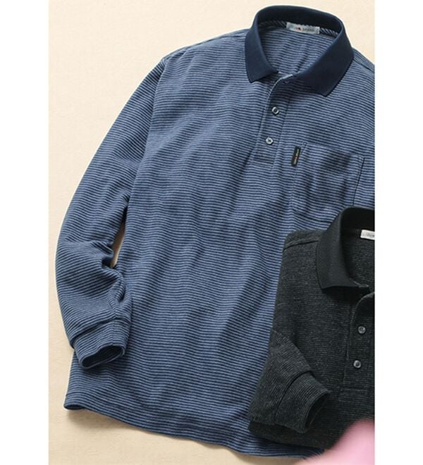 「日本製カシミヤタッチの大人ポロシャツ（メンズポロシャツ）」｜ネイビーボーダー