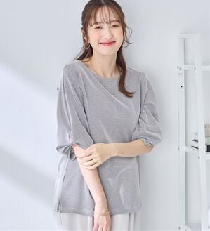 alotta（アロッタ）の「さらっと軽い綿混ストライプ袖タックブラウス（ブラウス）」｜ネイビー系