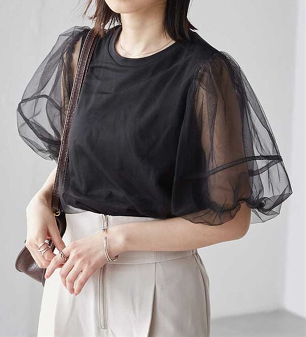 RANAN（ラナン）の「【ひんやり】チュールレイヤードパフスリーブTシャツ（カットソー）」｜詳細画像
