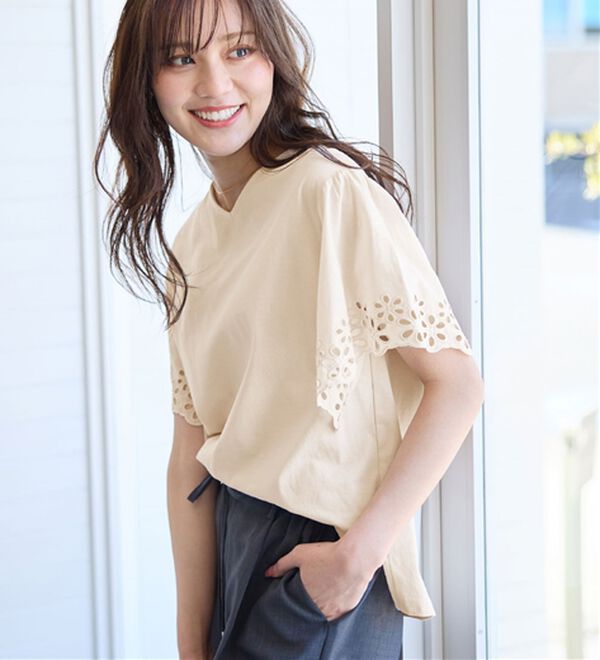 接触冷感】綿100％袖レースプルオーバー さらひやりコットン【イエ  
