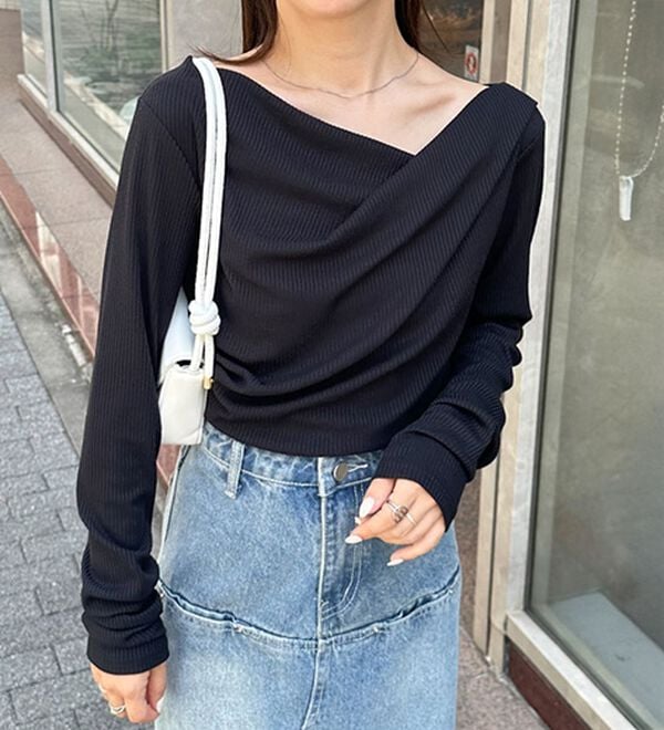 RANAN（ラナン）の「【春色追加】上品ドレープリブロングＴシャツ（カットソー）」｜詳細画像