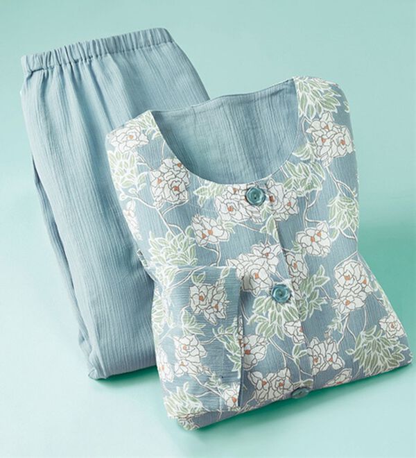 「綿100％嬉しい楊柳パジャマ（パジャマ・ルームウェア）」｜丸首ターコイズ