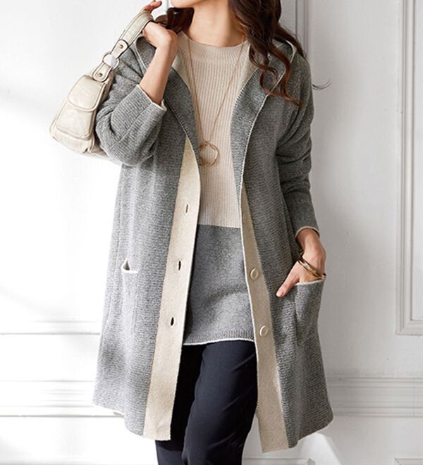 BELLUNA（ベルーナ）の「ツイード調編地フードニットジャケットアンサンブル（アンサンブル）」｜詳細画像