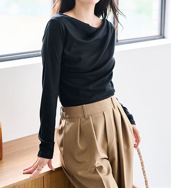 RANAN（ラナン）の「【春色追加】上品ドレープリブロングＴシャツ（カットソー）」｜詳細画像