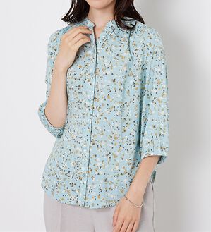 BELLUNA（ベルーナ）の「【接触冷感】レーヨン素材ギャザー使いプリントブラウス（ブラウス）」｜ブルー幾何柄