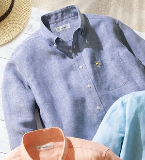 「＜ゴールデンベア＞フレンチリネン１００％イージーケアシャツ（メンズシャツ）」｜ネイビ－