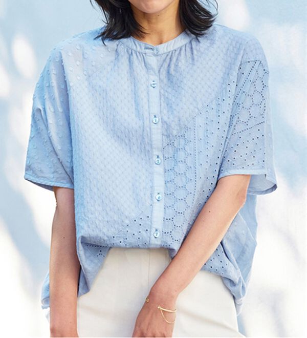 BELLUNA（ベルーナ）の「ゆったり涼やか！綿１００％刺しゅう切替チュニック（チュニック）」｜ブルー