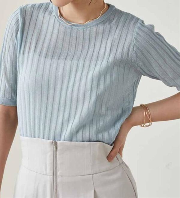 RANAN（ラナン）の「5分袖シアーラメリブニット（ニット・セーター）」｜詳細画像