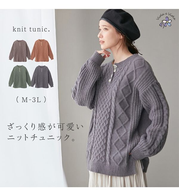 Viola e Viola（ヴィオラ エ ヴィオラ）の「ケーブル柄ヘンリーネックニットチュニック（ニット・セーター）」｜詳細画像