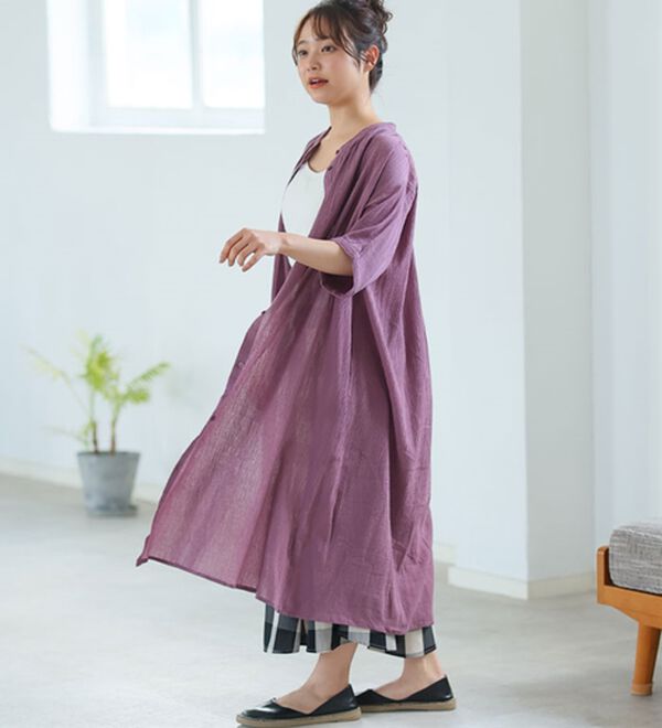 A HAPPY MARILYN（アハッピーマリリン）の「【Ｌ～６Ｌ】【風通るプレミアム】綿１００％ 楊柳 五分袖 ギャザーたっぷりワンピース（カットソーワンピース）」｜詳細画像