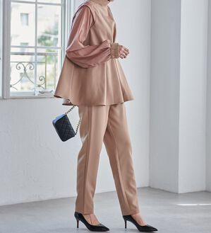 【3点SET】フレアシアートップ+タイリボンテーラードジレ+フロントスリットPT セットアップ＞シアースリーブフレアートップスパンツセット