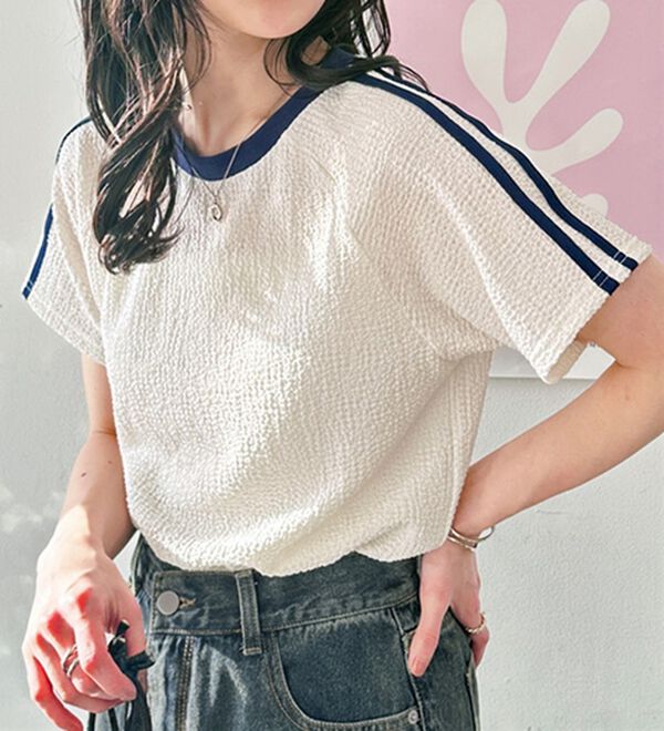 GeeRA（ジーラ）の「ふくれジャガード袖ラインＴシャツ（カットソー）」｜詳細画像