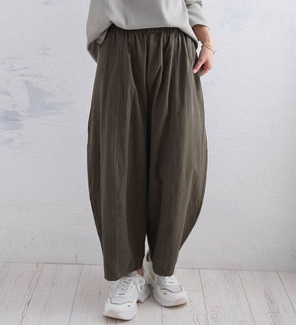 A HAPPY MARILYN（アハッピーマリリン）の「【Ｌ～８Ｌ】綿１００％ さらっと優しいコットン バレルレッグパンツ カーブパンツ 選べる２丈（ワイドパンツ・ガウチョ）」｜詳細画像