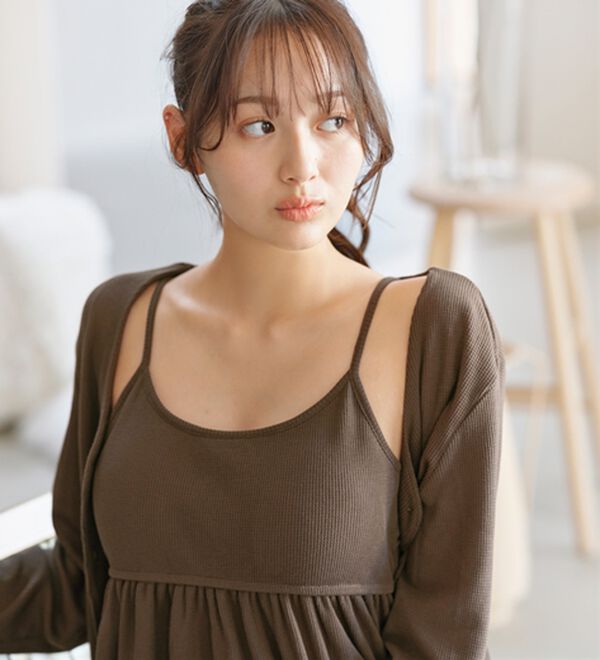 YU'NOW（ユナウ）の「カップ付ワッフルキャミソールルームウエア３点セット（パジャマ・ルームウェア）」｜詳細画像