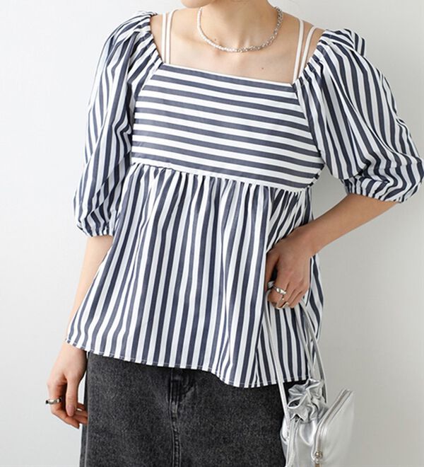 GeeRA（ジーラ）の「スクエアネックストライプ切替ブラウス（ブラウス）」｜詳細画像