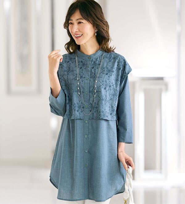 BELLUNA（ベルーナ）の「＜エレガントに体型カバー！＞刺しゅう重ねチュニック（チュニック）」｜詳細画像