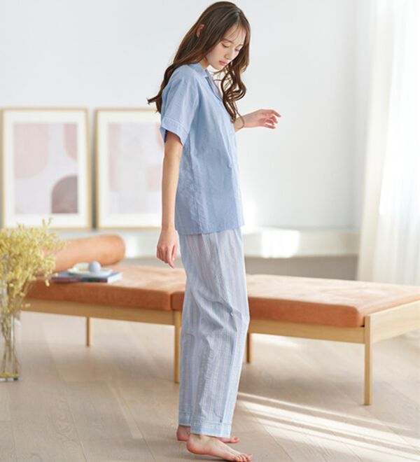 YU'NOW（ユナウ）の「【半袖＋ロングパンツ】綿１００％サッカーシャツパジャマ（パジャマ・ルームウェア）」｜詳細画像