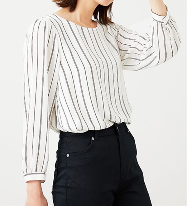 BELLUNA（ベルーナ）の「ジョーゼット素材裾ティアードブラウス（ブラウス）」｜ストライプ