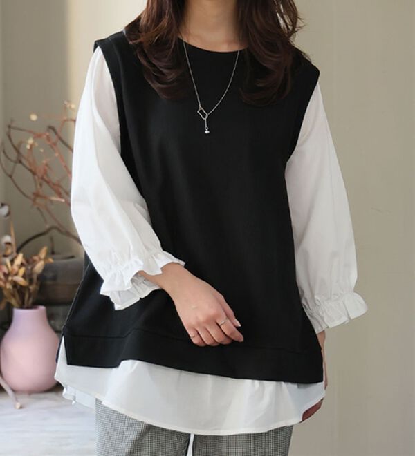 A HAPPY MARILYN（アハッピーマリリン）の「【Ｌ～６Ｌ】華奢魅せ&times;お洒落さっと着てパッと可愛い１枚で完成ドッキングトップス（カットソー）」｜ブラック&times;無地