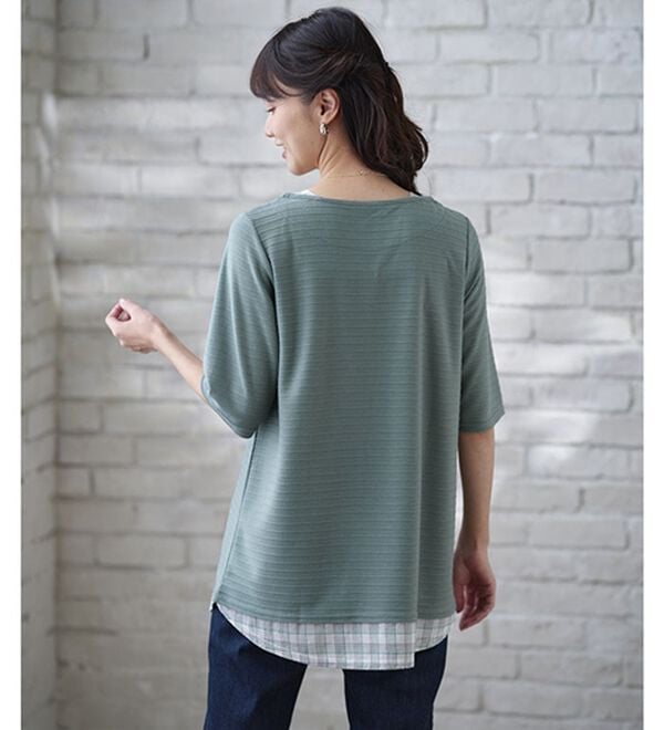 BELLUNA（ベルーナ）の「ひんやり冷感！タックジャカード素材重ね着風プルオーバー（カットソー）」｜詳細画像