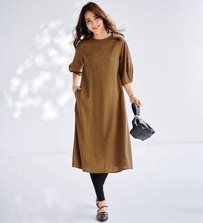 BELLUNA（ベルーナ）の「リネンブレンドランタンスリーブワンピース（シャツワンピース）」
