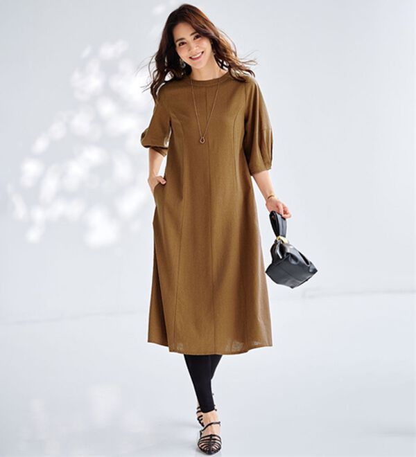 BELLUNA（ベルーナ）の「リネンブレンドランタンスリーブワンピース（シャツワンピース）」｜レンガ