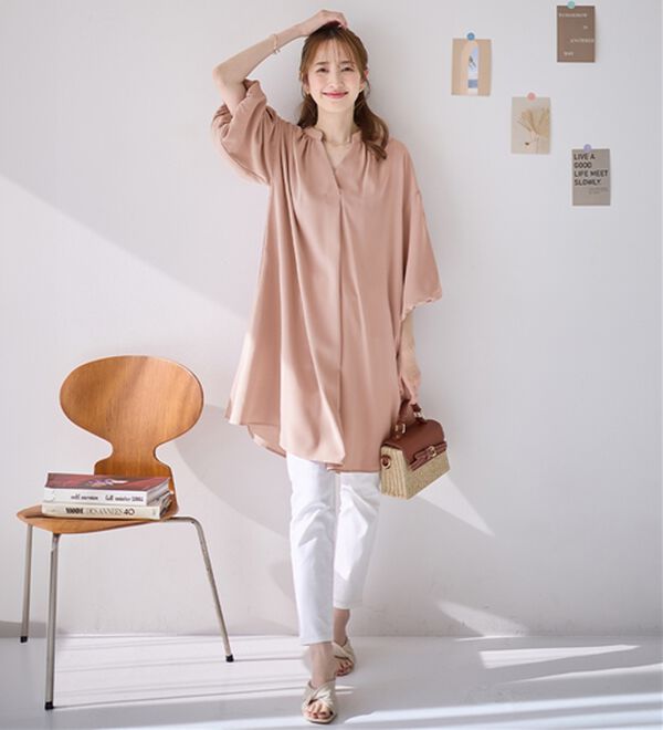 希少　PLEATS PLEASE チュニックワンピース　5部袖　茶 パフ袖とろみブラウスチュニックワンピース - ベルーナ【公式】