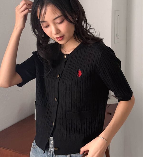 RANAN（ラナン）の「＜Ｕ．Ｓ．ＰＯＬＯ　ＡＳＳＮ．＞ゴールドボタン半袖刺繍ケーブルニットカーディガン（ニットカーディガン）」｜詳細画像
