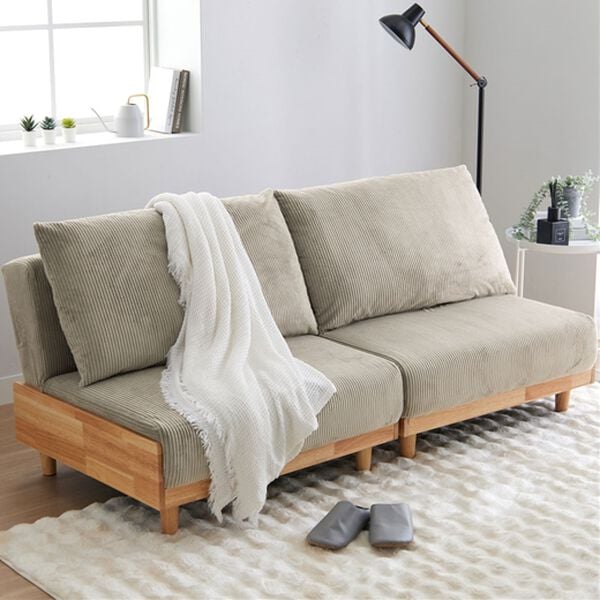 iellio（イエリオ）の「木飾り付ソファベッド＜ソファーベッド、3人掛け、2人掛け、肘なし＞（ソファ）」｜コーデュロイライトグレー