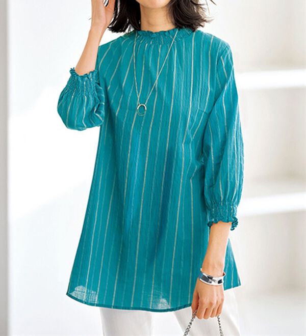 BELLUNA（ベルーナ）の「シャーリング使いストライプ柄チュニック（チュニック）」｜ターコイズ系