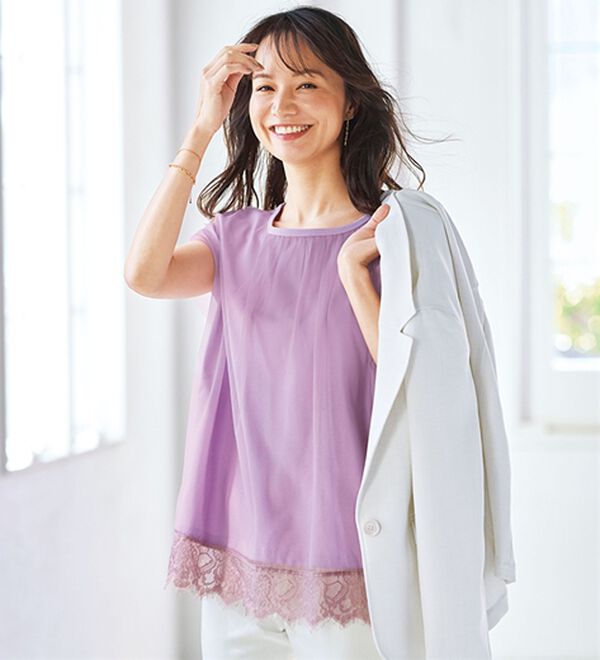 BELLUNA（ベルーナ）の「＜猛暑対策＞チュール重ね裾レースプルオーバー（チュニック）」｜ピンク