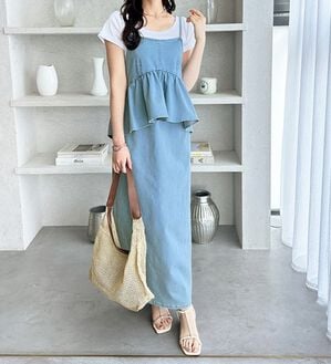 GeeRA（ジーラ）の「楽ちん！デニムペプラムキャミワンピース（その他ワンピース）」｜サックス系