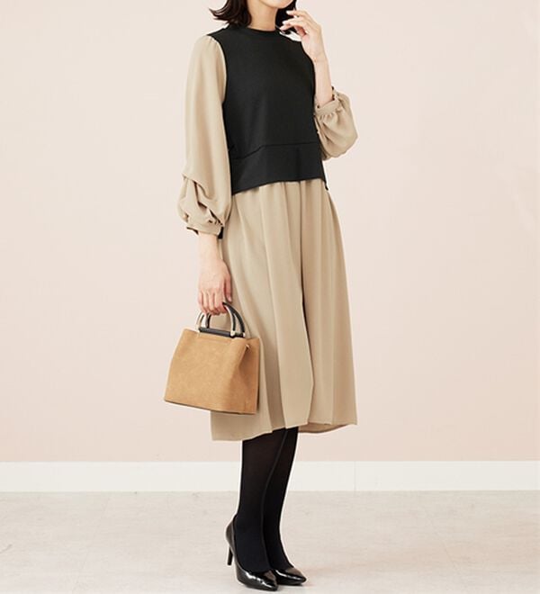 BELLUNA（ベルーナ）の「袖タックデザイン異素材切替ワンピース（その他ワンピース）」｜詳細画像