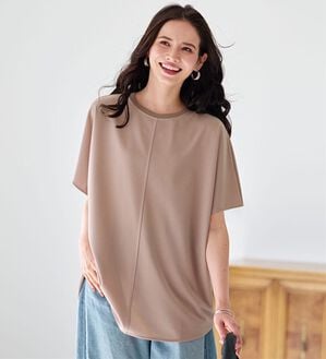 BELLUNA（ベルーナ）の「Ｔシャツ感覚なのにきちんとブラウス見え！カットジョーゼット半袖プルオーバー（カットソー）」｜ピンクベージュ