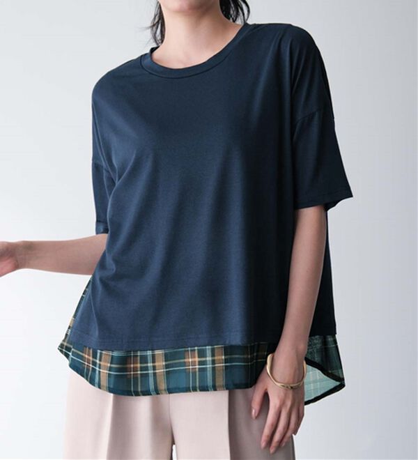 RANAN（ラナン）の「チェック柄異素材使いTシャツ（カットソー）」｜ネイビー系