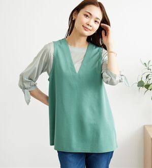 BELLUNA（ベルーナ）の「【2点セット】ストライプシャツ×ベストアンサンブル（アンサンブル）」｜セージ系