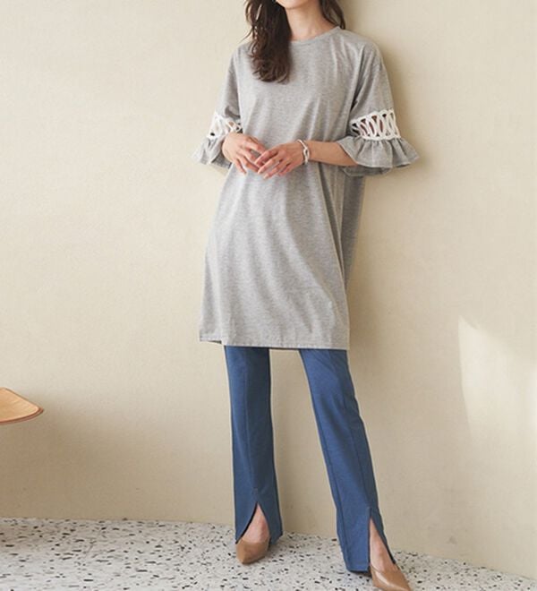 RANAN（ラナン）の「ひんやり！デニム調スリットパンツ（フルレングスパンツ）」｜詳細画像