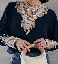 RANAN（ラナン）の「配色レース使いボリューム袖チュニック（ブラウス）」