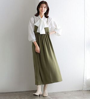 Pierrot（ピエロ）の「【選べる丈】前後２ｗａｙギャザー切り替えキャミワンピース（カットソーワンピース）」｜カーキ