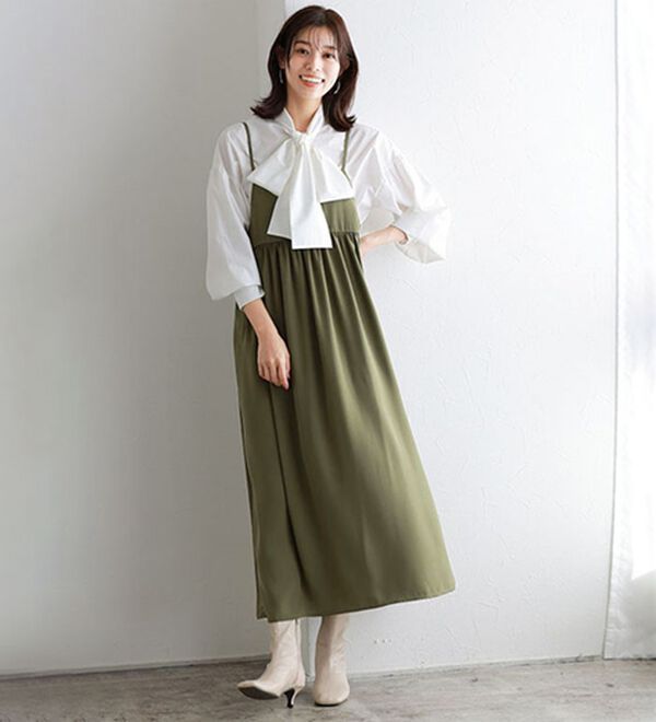 Pierrot（ピエロ）の「【選べる丈】前後２ｗａｙギャザー切り替えキャミワンピース（カットソーワンピース）」｜カーキ